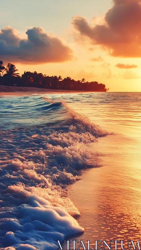 Sunlit shoreline waves washing a quiet tropical beach.