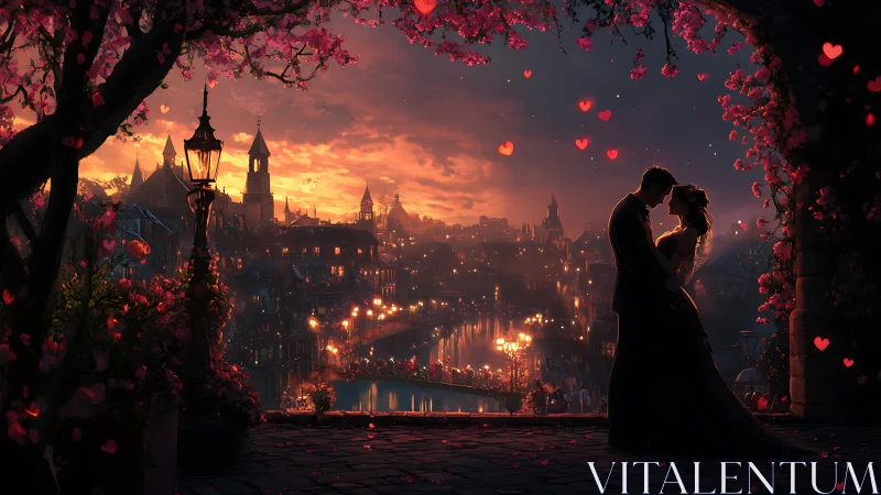 Romantic Couple in Gothic City Sunset.