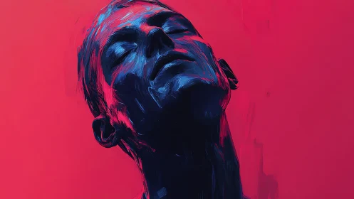 Digital portrait of upward-tilted head in blue and magenta tones.