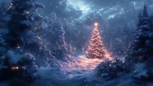 Luminous Christmas tree glows within tranquil snowy forest.