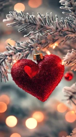 Glittering red heart ornament glowing on snowy pine branch.