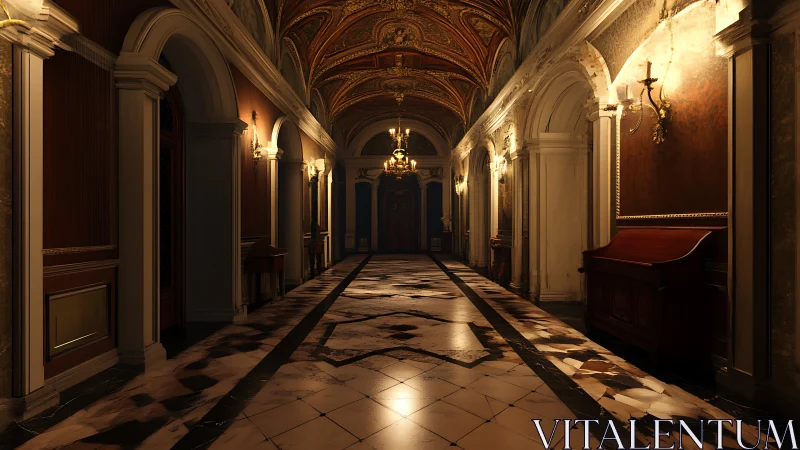 Ornate palace hallway shows detailed arches and chandeliers