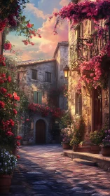 Sunset slips quietly through a flower-draped stone alleyway