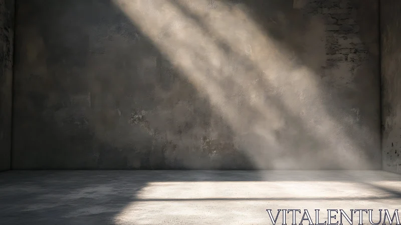 Empty concrete room with dusty light beams on wall.