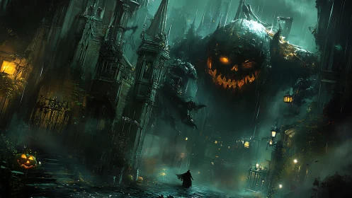 Giant jack o lantern entity over gothic rain soaked street.