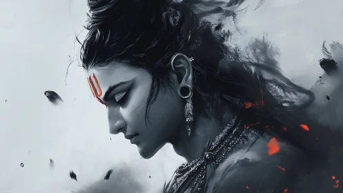 Serene warrior profile rests in swirling smoke and embers