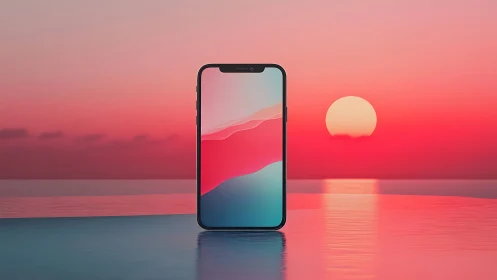 Serene smartphone glowing gently against a dreamy sunset horizon.