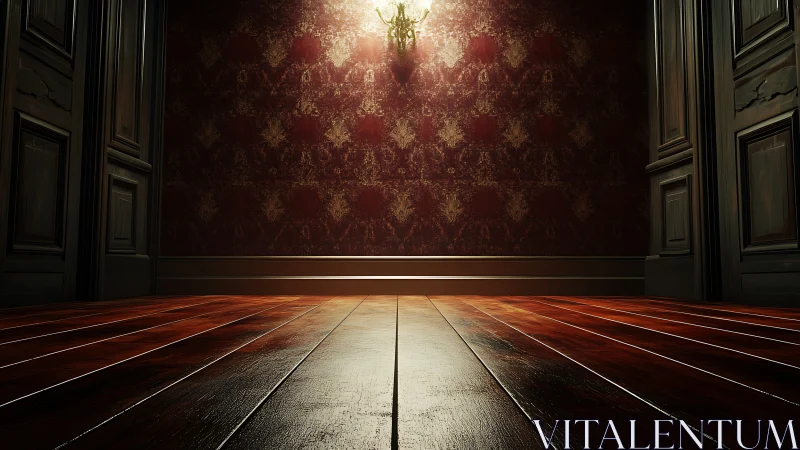 Opulent wooden floor glows beneath ornate vintage wall.