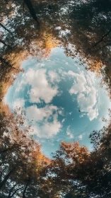 Spinning autumn forest portal framing a soft blue sky.
