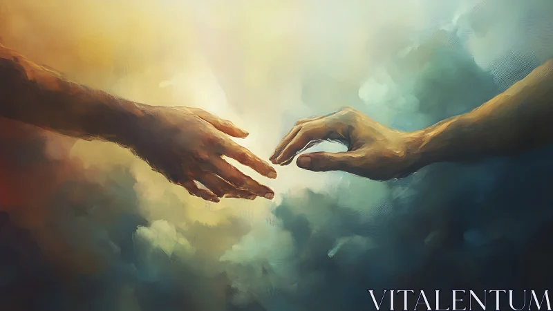 Reaching Hands Meet Gently In A Soft, Dreamy Sky Glow.