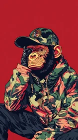 Stylized chimpanzee in camouflage streetwear poses thoughtfully