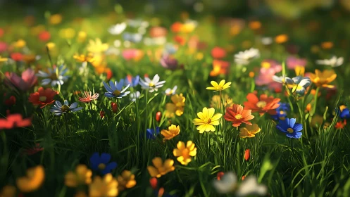 Vibrant Wildflower Meadow Blooming in Golden Afternoon Light