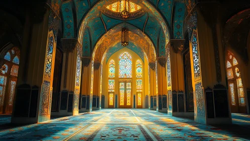 Sunlit mosque interior with ornate arches and stained glass.