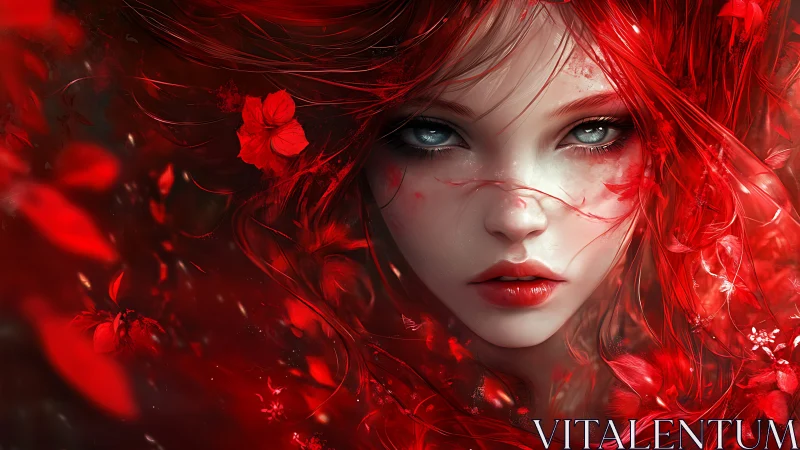 Crimson-haired ethereal portrait merges flora with luminous gaze