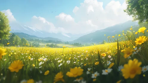 Sunlit wildflower meadow stretching toward distant mountains.