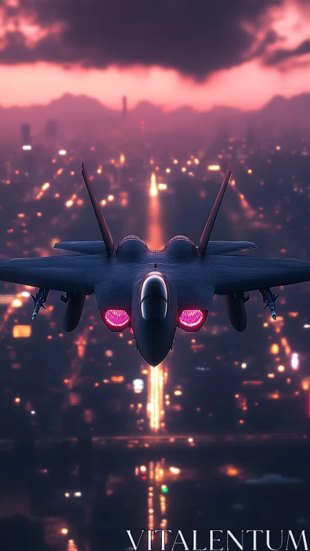 Stealth jet rear view over dusk city with glowing afterburners