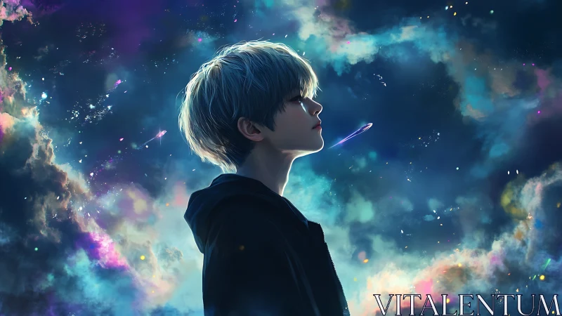 Starlit dreamer pauses in a glowing, cosmic night sky