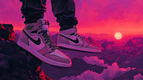 High-top sneakers hover above neon pink mountain sunset