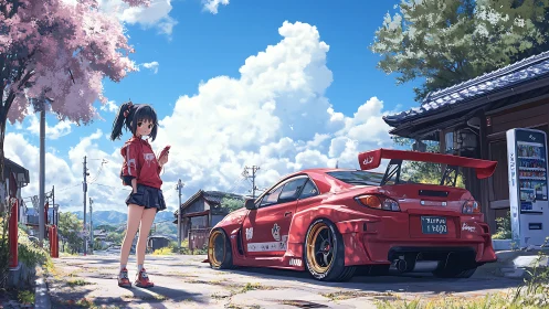 Street racer girl stands beside red sports car in spring.