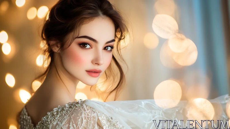 Bridal portrait with soft bokeh lights and luminous gaze.