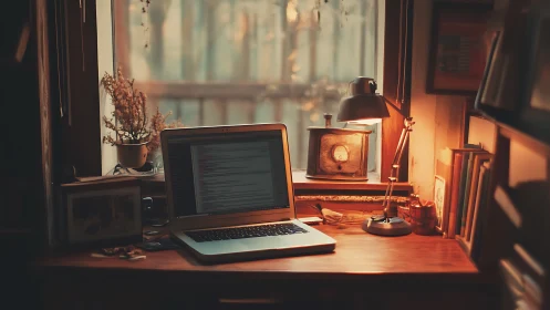 Photorealistic warm workspace with laptop by window at dusk.
