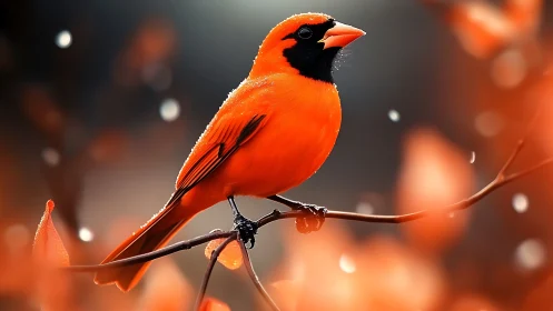 Vibrant cardinal perched on branch in autumn bokeh style photograph.