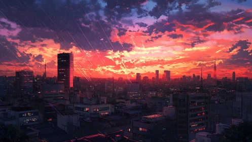 Anime urban skyline at rain-soaked neon sunset horizon study.