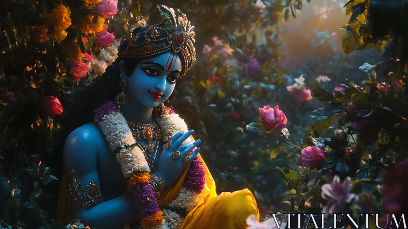 Gentle blue deity resting in a dreamy rose garden glow.