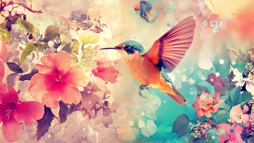 Hummingbird skims through painted blossoms and dreamlight