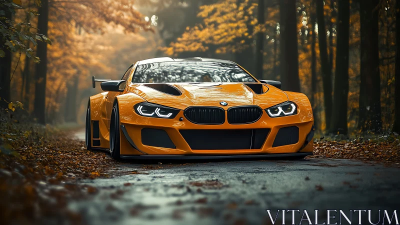 Low-slung orange sports car framed by misty autumn forest.