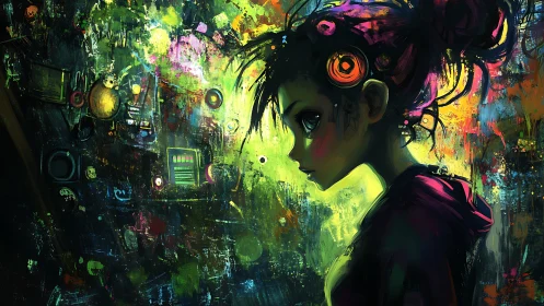 Neon-lit cyber girl in profile amid abstract digital chaos.