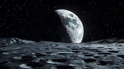Half-lit moon over cratered lunar surface in deep space.