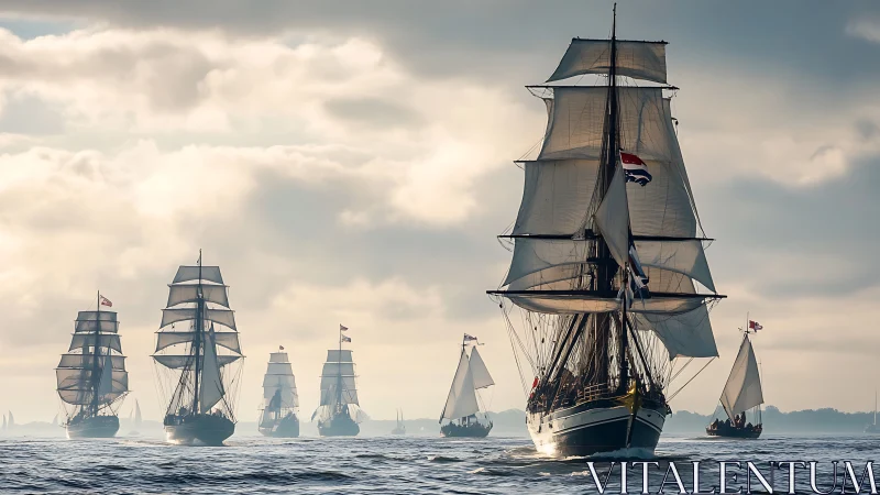 Tall sailing ships moving in formation across calm water.