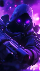 Hooded armed figure in neon purple sci fi environment.
