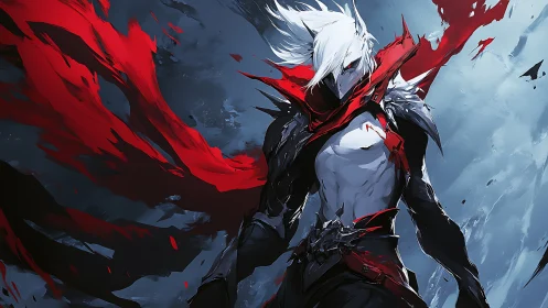 White-haired masked warrior in red-black digital battle scene.