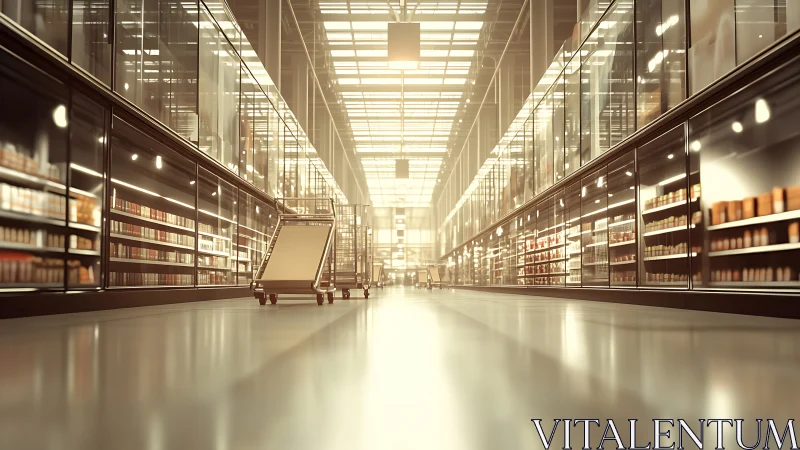 Golden supermarket aisle shows sleek industrial symmetry.