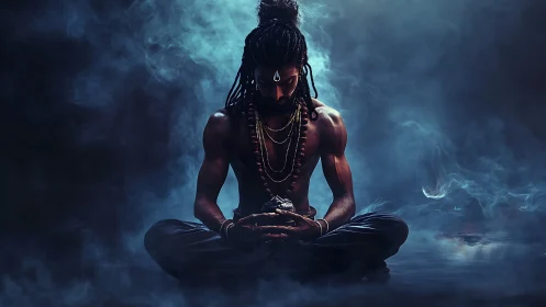 Mystic yogi meditates in smoke-filled blue atmosphere.