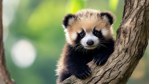 Curious baby red panda peeking from a sunlit forest tree.