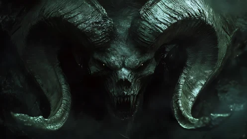 Horned skeletal creature emerging from dark green mist.