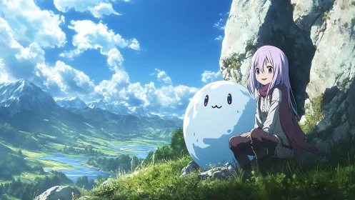 Pastel-haired traveler with glossy slime in alpine meadow.