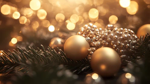 Gilded baubles resting in candlelit evergreen bokeh hush.