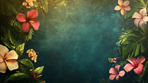 Lush tropical flowers framing emerald textured void.