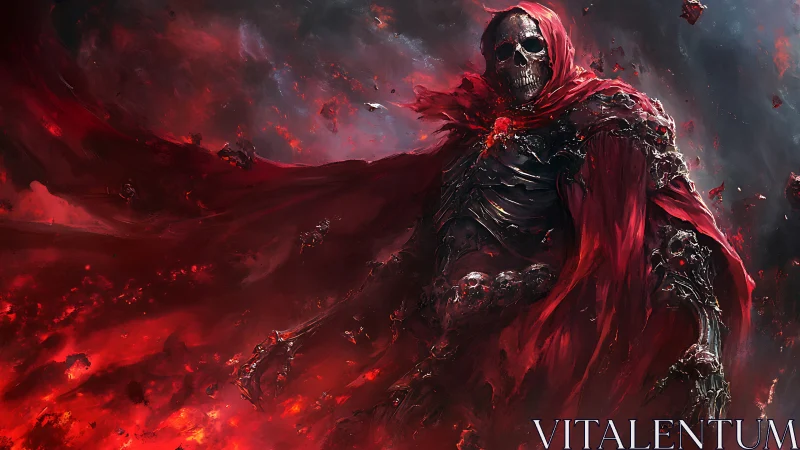 Skeletal figure in red cloak stands amid swirling red clouds