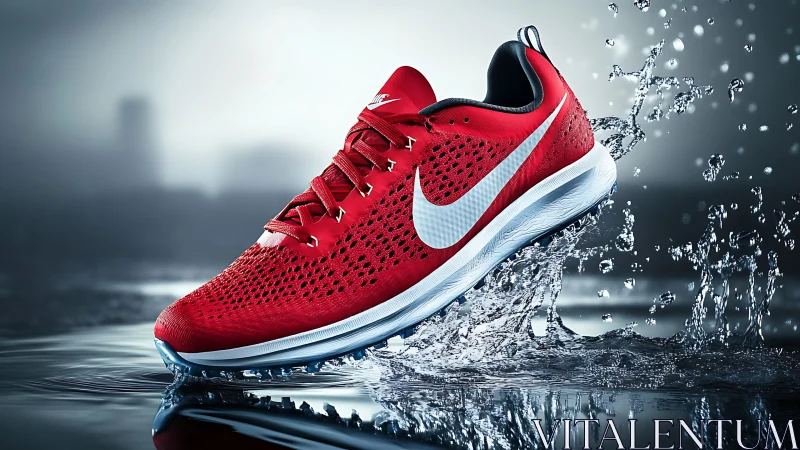 Hydrophobic red running shoe in dynamic splash impact scene.
