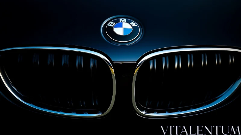 Midnight chrome grille framing a luxury badge in shadowed glow.