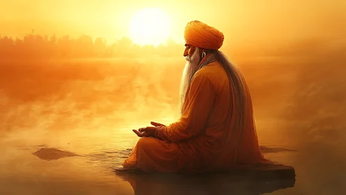 Golden sunrise meditation by a still, misty riverside.