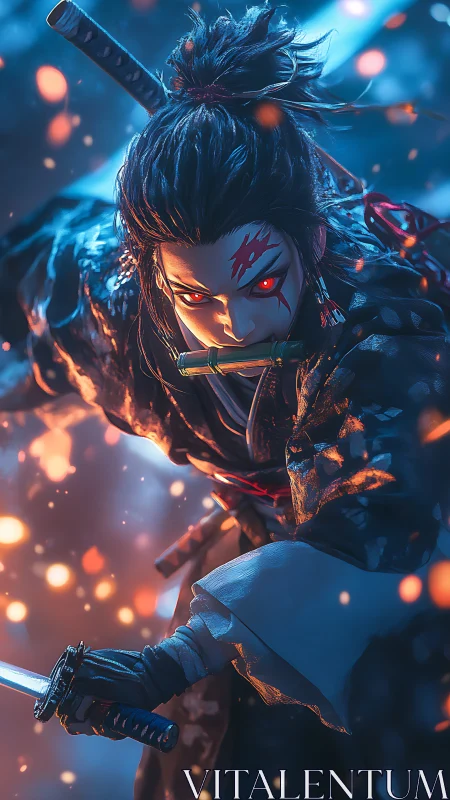 Demonic samurai warrior lunges forward through burning embers