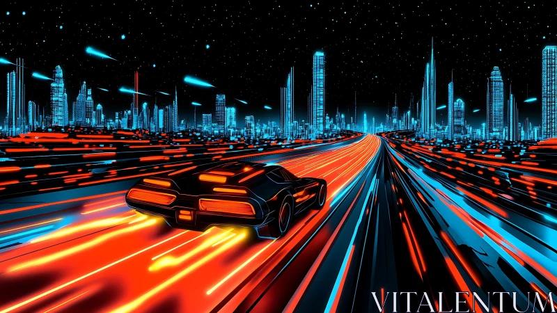 Futuristic vehicle moves along illuminated high speed roadway