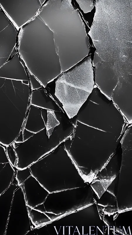 Shattered glass surface shows irregular fractured plate network