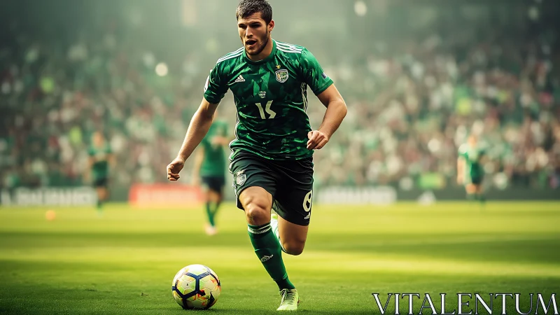 Soccer player in green kit advancing with ball on pitch.